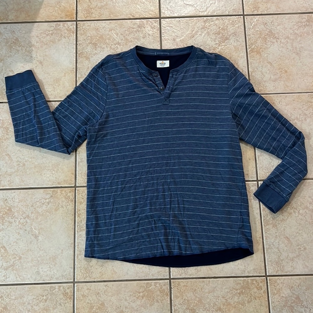 Marine Layer Slate Blue Thin Stripes Double Knit Henley, Sz XL